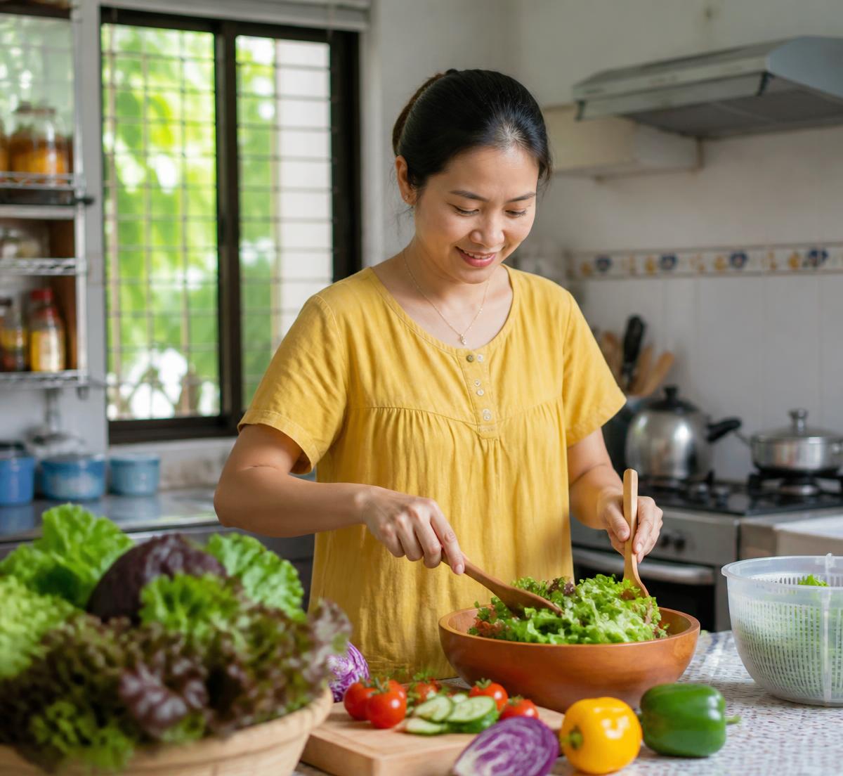 A home cook tossing a salad of freshly harvested greens
